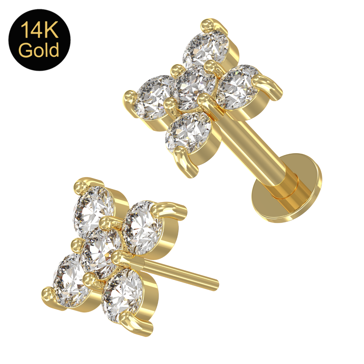 🦚 Piercing Labret Stecker 14karat Echtgold Gelbgold fünf 1.5mm-Kristalle mit Geschenkbox