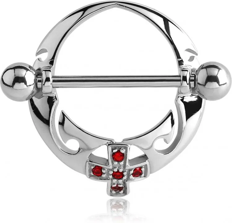 🦚 Brustwarzenpiercing Kristall rot Kreuz Schild mit Barbell Nippel Piercing