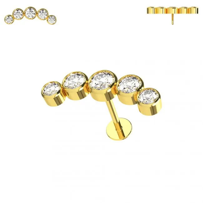 🦚 Piercing Labret Stecker 14karat Echtgold Gelbgold fünf Kristalle mit Geschenkbox