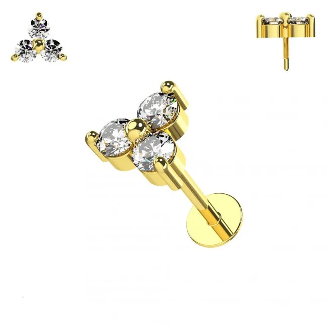 🦚 Piercing Labret Stecker 14karat Echtgold Gelbgold drei 2mm-Kristalle mit Geschenkbox