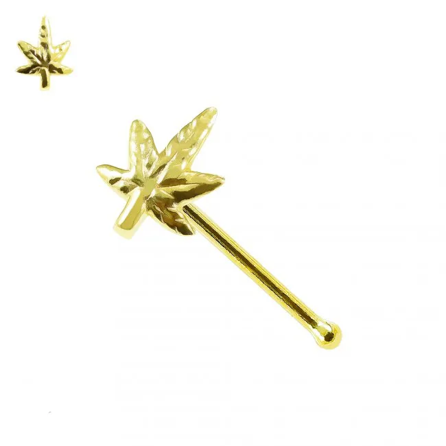 🦚 Nasenstecker Pin 9k Gelbgold Nasenpiercing Cannabis mit Geschenkbox