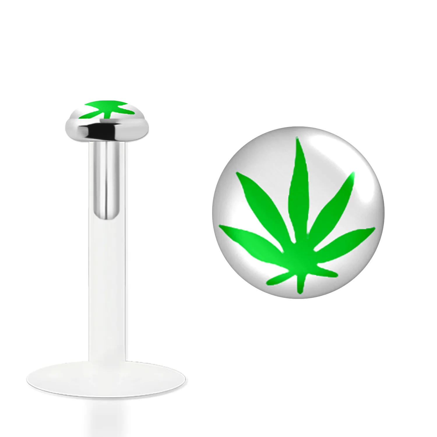 🦚 Labret Stecker Bioflex mit Steckaufsatz aus Silber und Logo-Motiv Cannabis