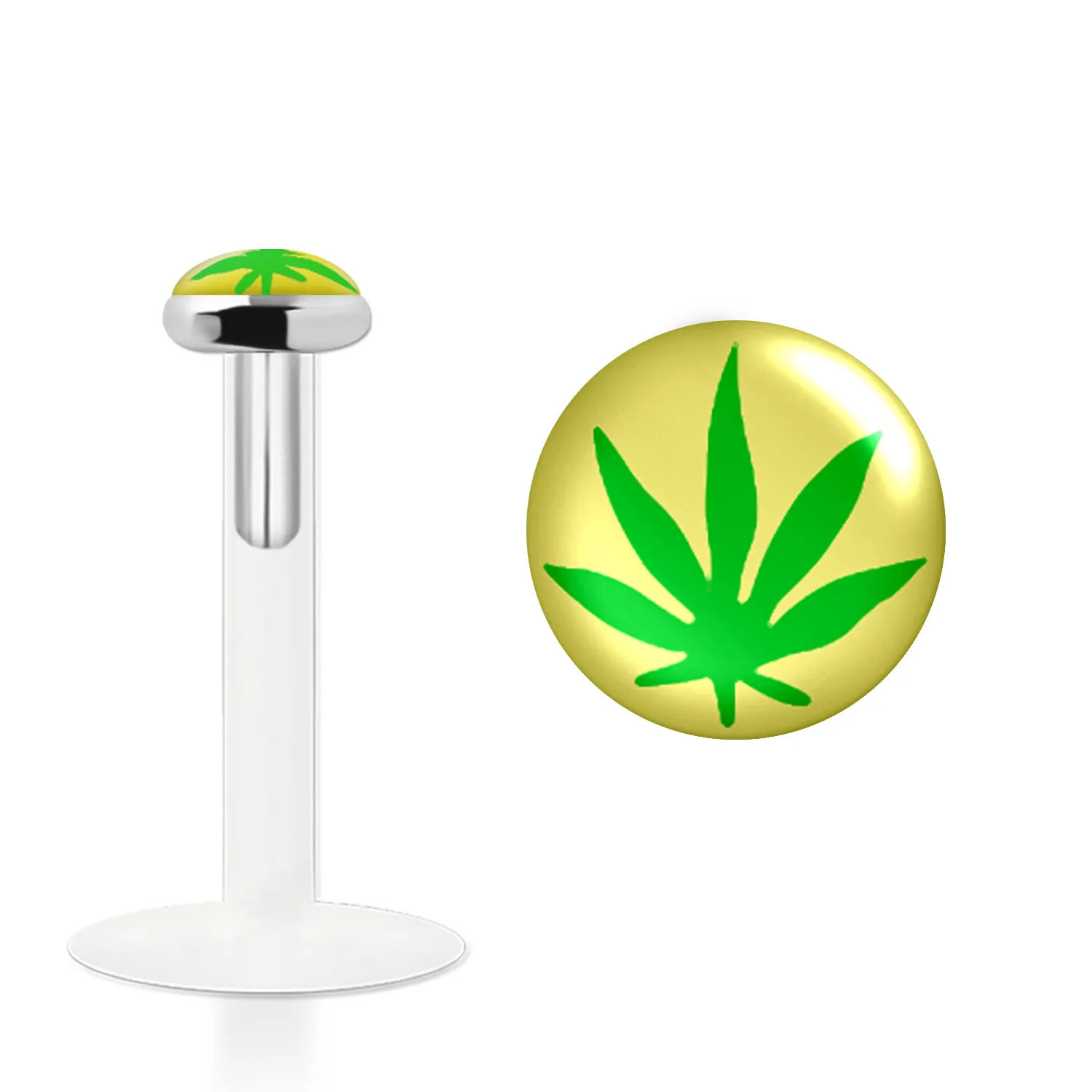 🦚 Labret Stecker Bioflex mit Steckaufsatz aus Silber und Logo-Motiv Cannabis