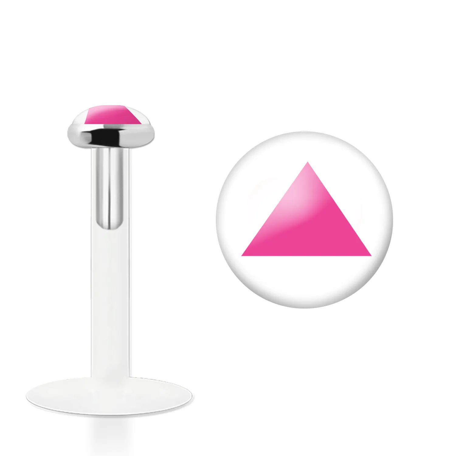 🦚 Labret Stecker Bioflex mit Steckaufsatz aus Silber und Logo-Motiv Dreieck pink