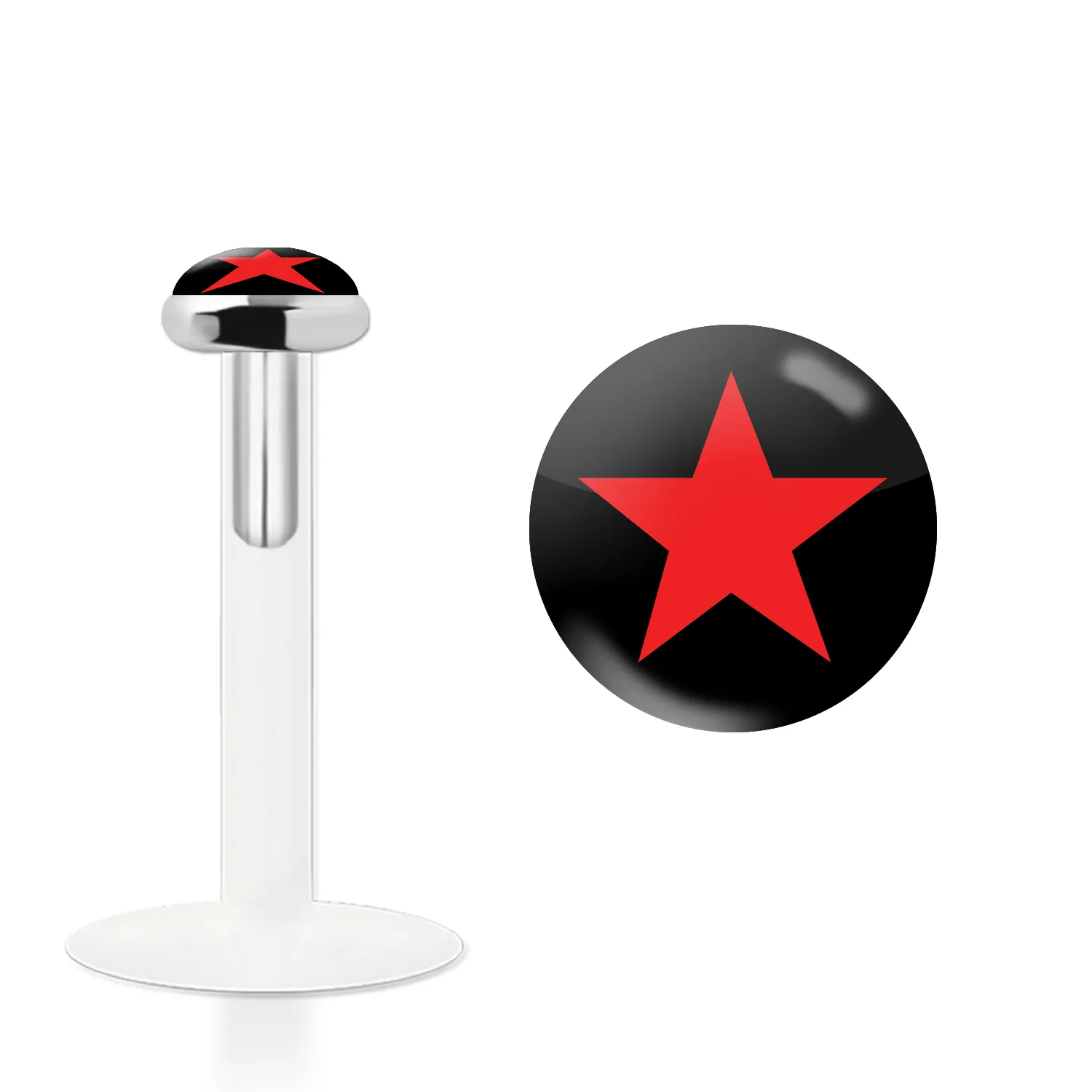 🦚 Labret Stecker Bioflex mit Steckaufsatz aus Silber und Logo-Motiv Stern rot
