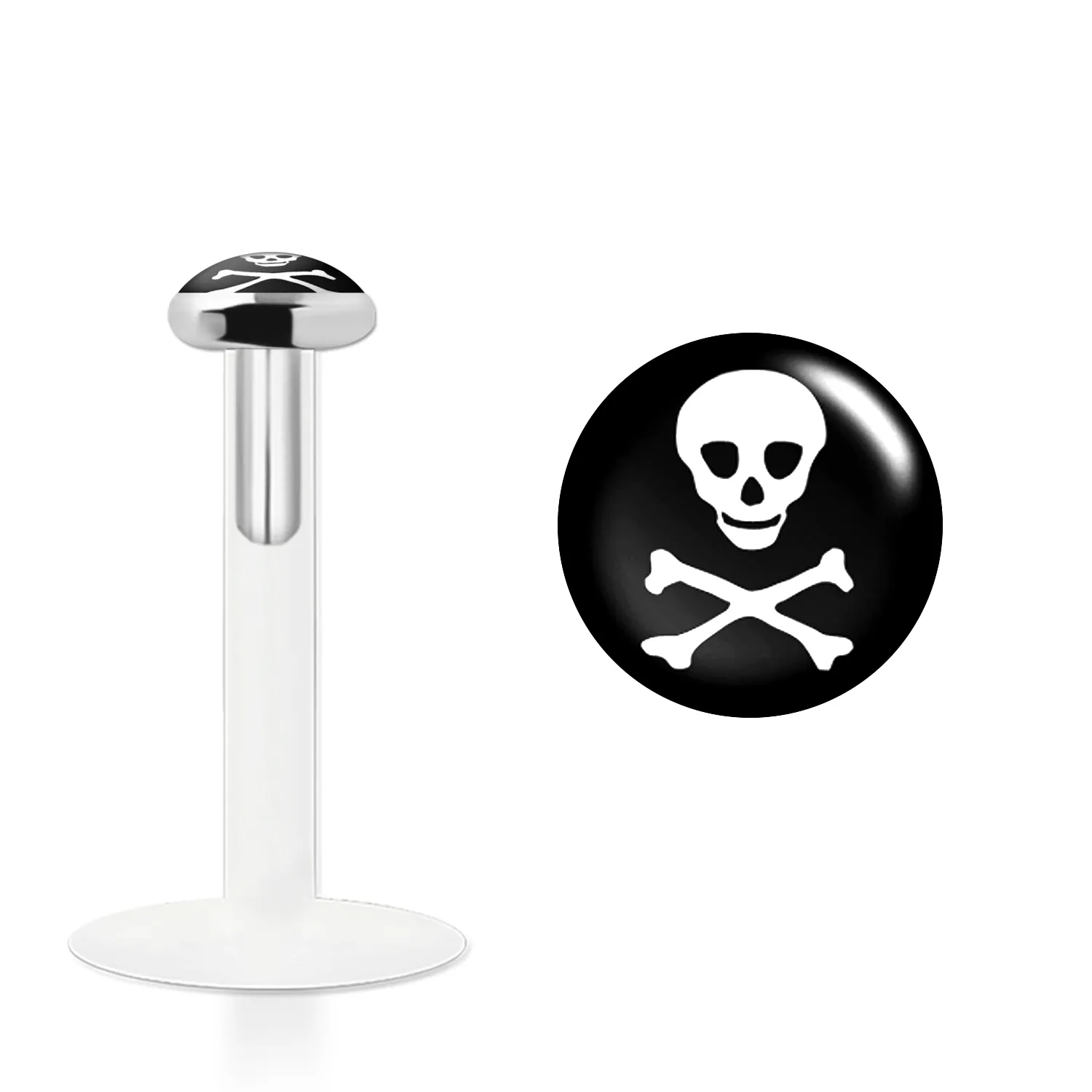 🦚 Labret Stecker Bioflex mit Steckaufsatz aus Silber und Logo-Motiv Totenkopf Piraten