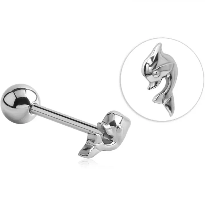 🦚 Zungenpiercing Barbell mit Delfin Motiv Stahl Hantel 1,6mm