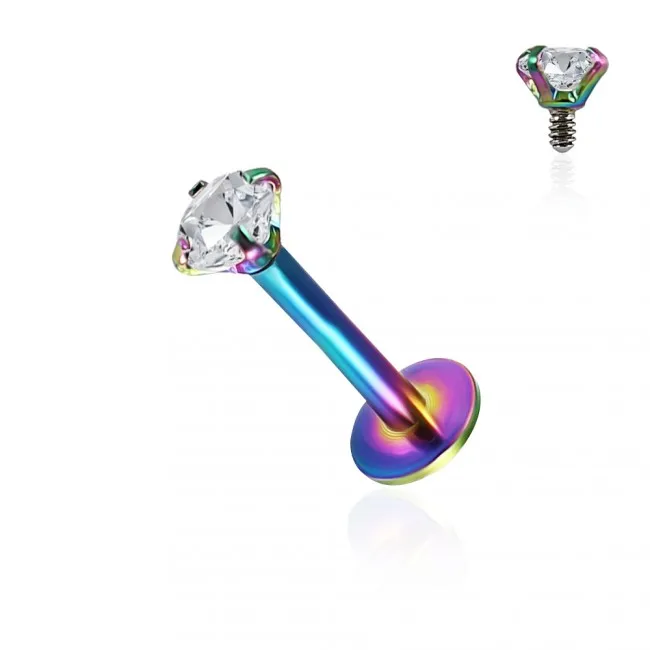 🦚 Helix Tragus Piercing Labret regenbogenfarbig mit 3mm-Kristall