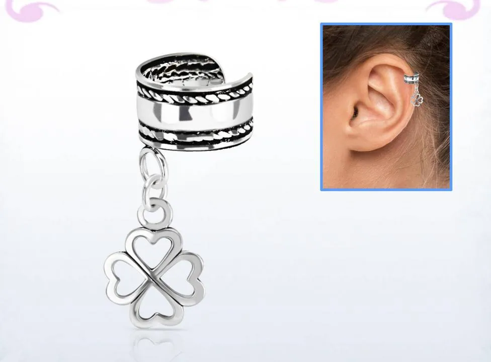🦚 Ohrklemme Ear Cuff aus Silber mit Anhänger Kleeblatt