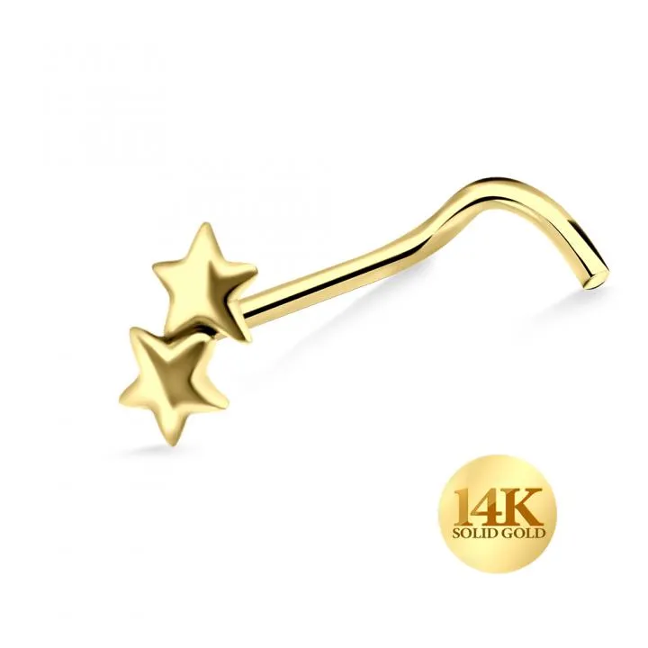 🦚 14karat Echtgold Nasenstecker Spirale Nasenpiercing Gelbgold zwei Sterne mit Geschenkbox