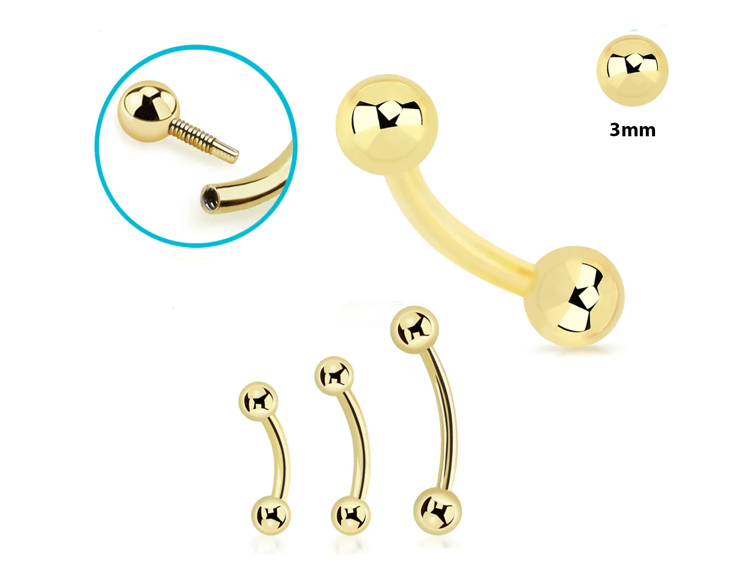 🦚 Piercing Banane Stecker 14karat Echtgold Gelbgold Innengewinde mit 3mm-Kugeln