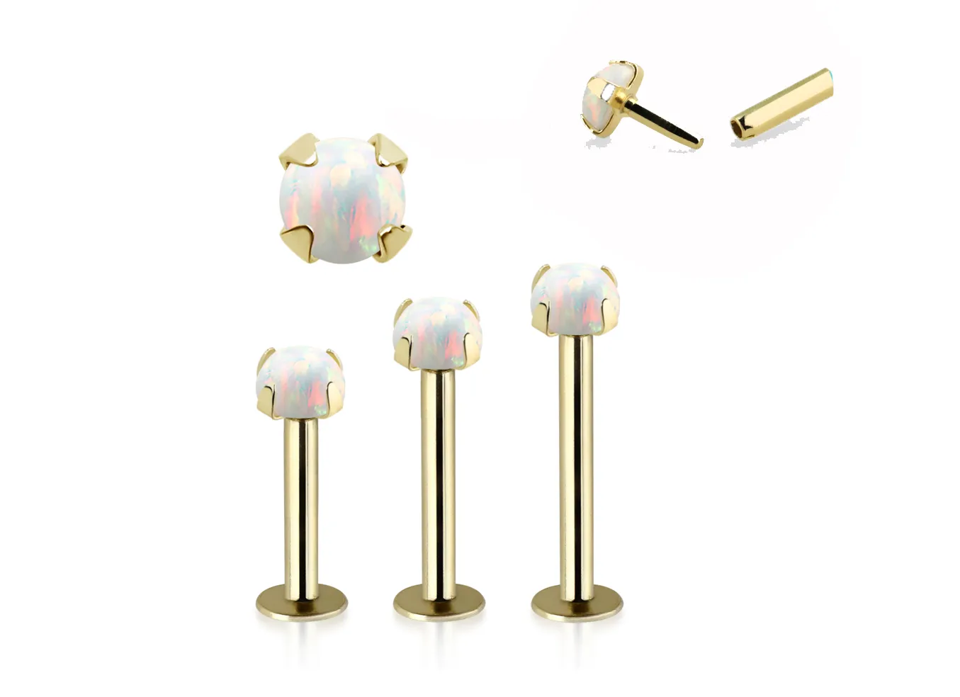 🦚 Piercing Labret Stecker 14karat Echtgold Gelbgold synthetischer 3mm-Opal mit Geschenkbox