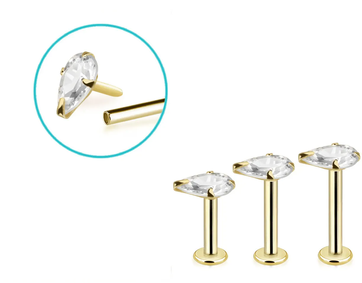 🦚 Piercing Labret Stecker 14karat Echtgold Gelbgold eingefasster tropenförmiger Kristall mit Geschenkbox