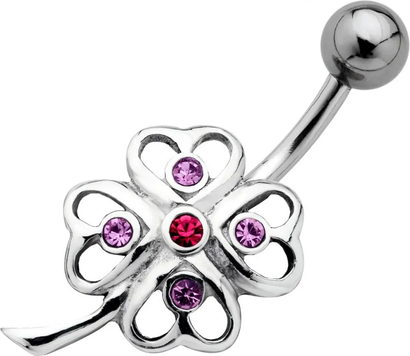 🦚 Bauchnabelpiercing Kleeblatt mit Kristall Steinen Lila/Pink