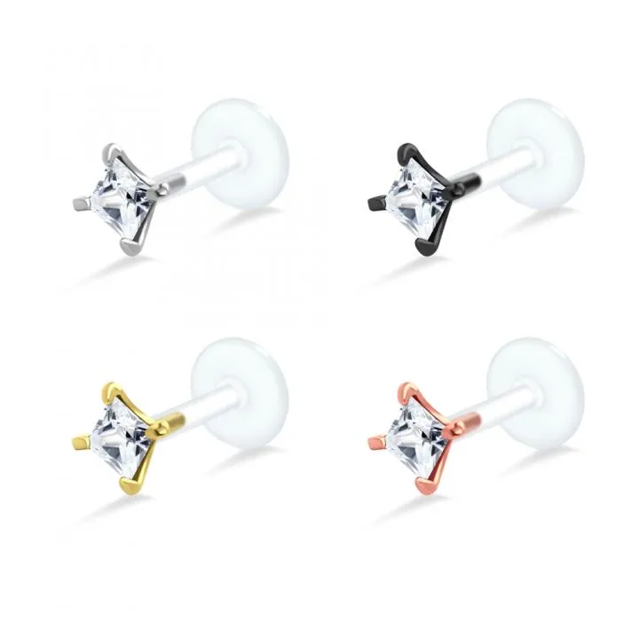 🦚 PTFE Tragus Labret eckiger Kristall silber schwarz goldfarbig roségoldfarbig