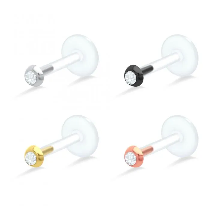 🦚 PTFE Tragus Labret 2mm-Kristall silber schwarz goldfarbig roségoldfarbig