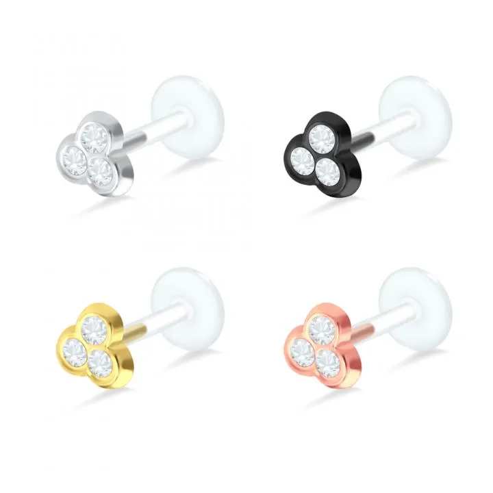 🦚 PTFE Tragus Labret drei Kristalle silber schwarz goldfarbig roségoldfarbig