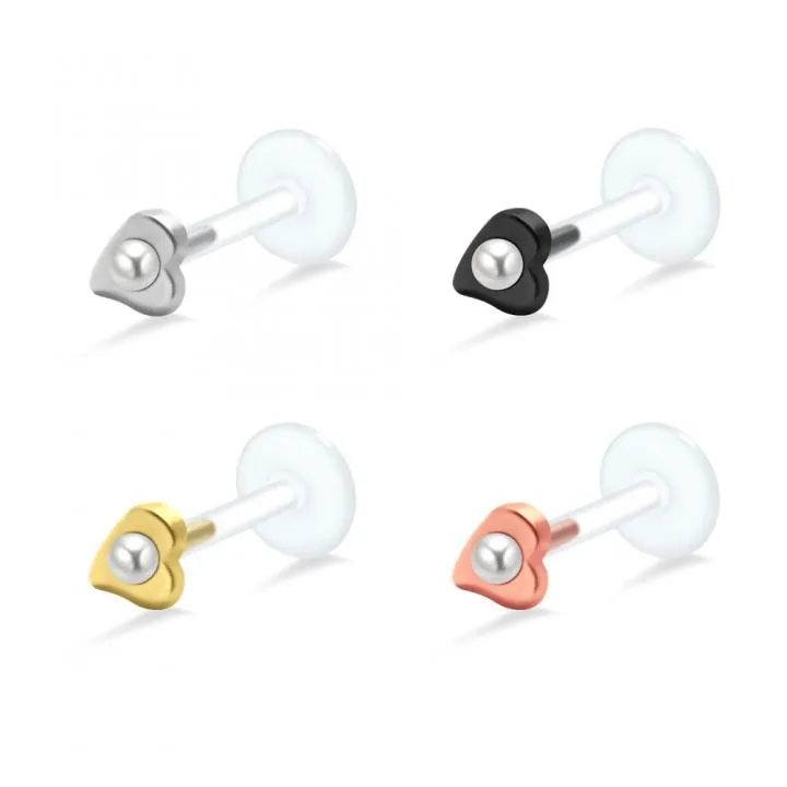 🦚 PTFE Tragus Labret Herz mit Perle silber schwarz goldfarbig roségoldfarbig