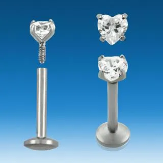 🦚 Piercing Labret Kristallherz 6 Farben Stahl 1.2mm Stecker Innengewinde