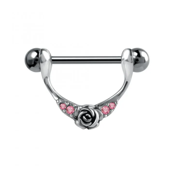 🦚 Brustwarzenpiercing Kristall Schild rosa mit Barbell Nipple Piercing