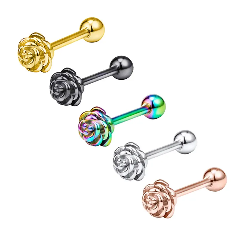 🦚 Zungenpiercing Barbell mit Aufsatz Blume silberfarbig goldfarbig roségoldfarbig schwarz regenbogenfarbig