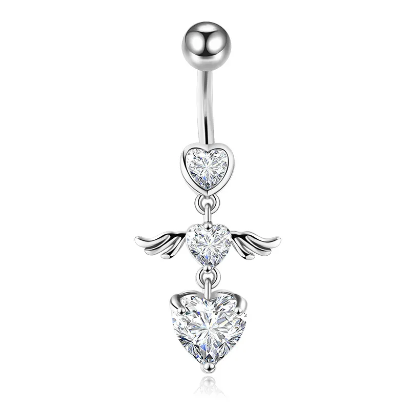 🦚 Bauchnabelpiercing Chirurgenstahl 316L Kristallherz mit geflügeltem Herz