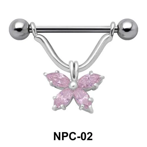 🦚 Brustwarzenpiercing Schild Anhänger Schmetterling rosa mit Barbell Nipple Piercing