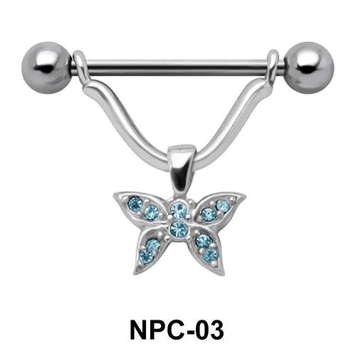 🦚 Brustwarzenpiercing Schild Anhänger Schmetterling aqua mit Barbell Nipple Piercing