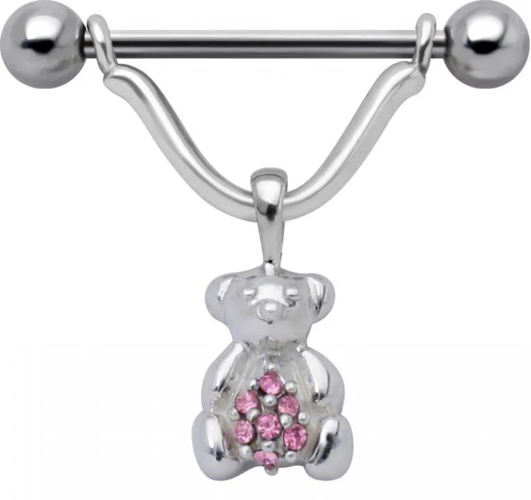 🦚 Brustwarzenpiercing Schild Anhänger Teddy rosa mit Barbell Nipple Piercing