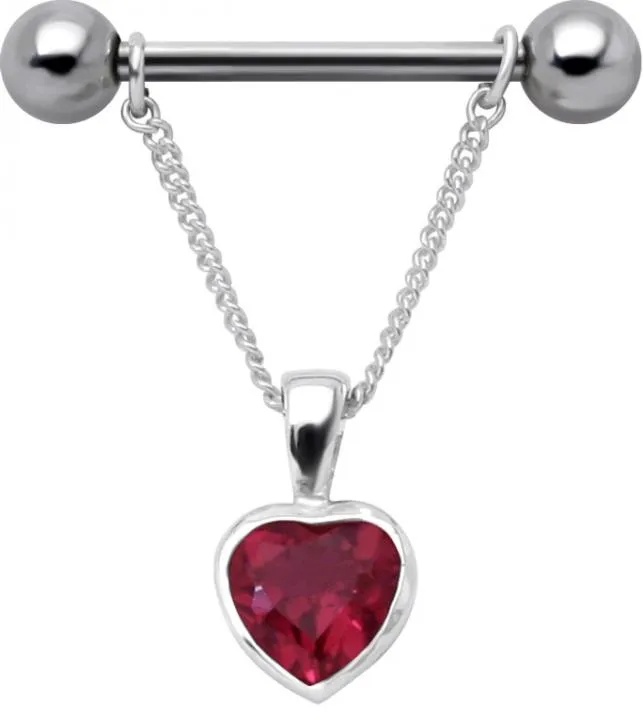🦚 Brustwarzenpiercing Schild Anhänger aus 925er Sterling Silber Herz rot mit Barbell Nipple Piercing