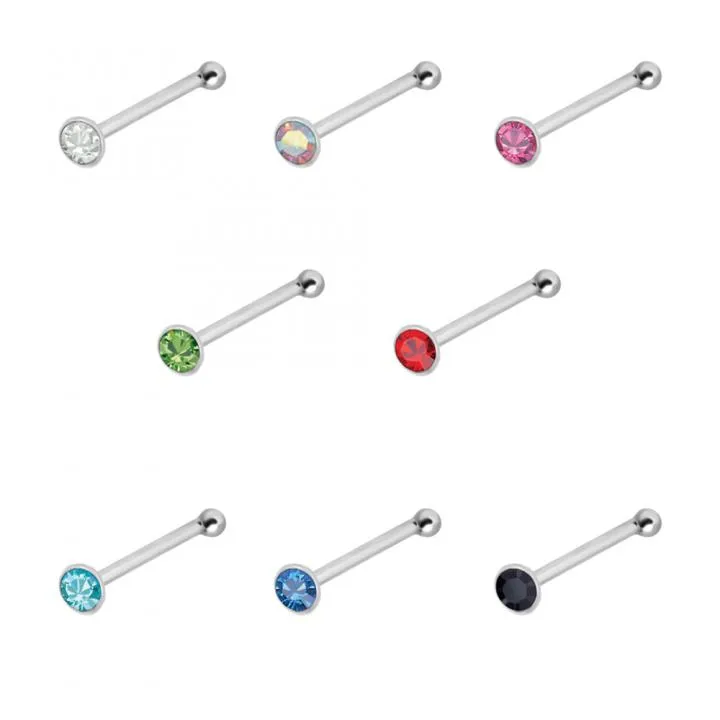🦚 Nasenstecker Pin Silber 2mm-Kristall silberfarbig mit acht wählbaren Kristallfarben