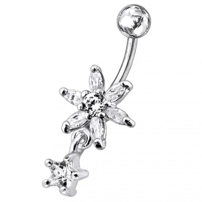 🦚 Bauchnabelpiercing Titan 925er Silber-Motiv Kristallblume