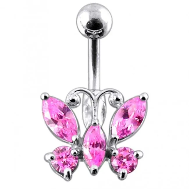 🦚 Bauchnabelpiercing Titan 925er Silber-Motiv Schmetterling rosa