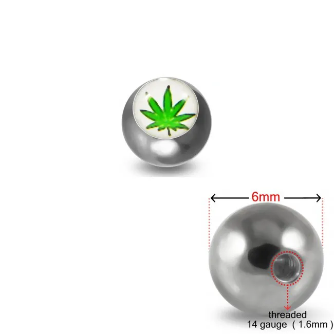 🦚 Schraubkugel aus Chirurgenstahl 316L mit Motiv Cannabis grün-weiss