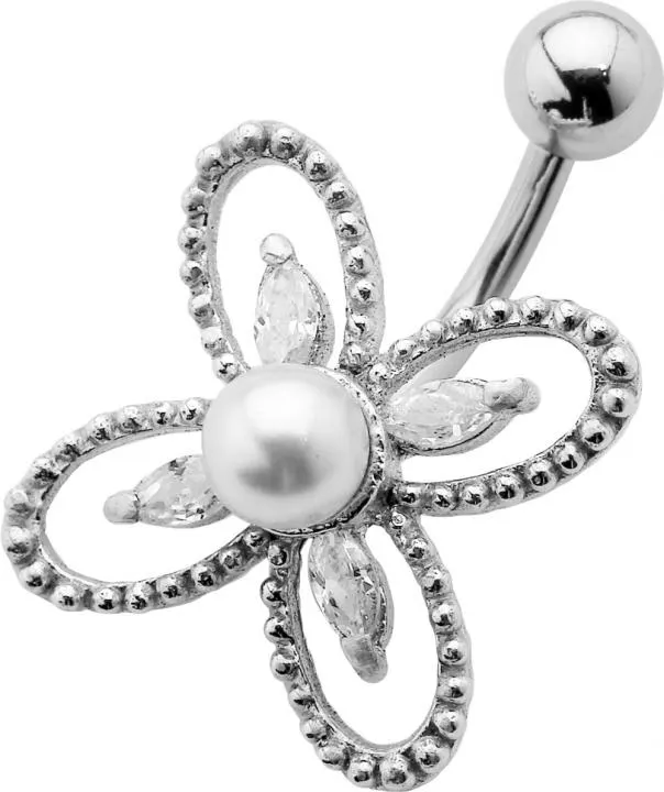 🦚 Bauchnabelpiercing Kristall Blume mit Perle Stahl Banane 10mm