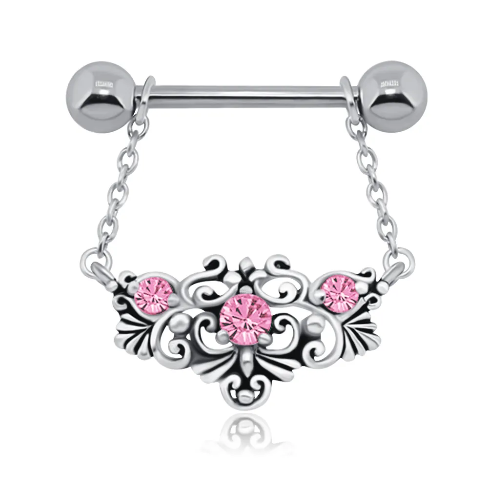 🦚 Brustwarzenpiercing Barbell mit Kristallanhänger und Ornamenten rosa