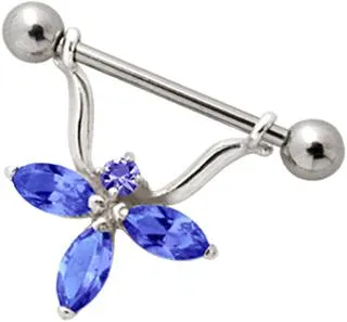 🦚 Brustwarzenpiercing Kristall Blume blau Schild mit Barbell Nipple