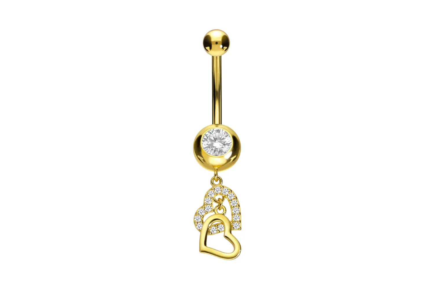 🦚 Bauchnabelpiercing 18karat Echtgold Gelbgold mit zwei Herzen und Kristallen