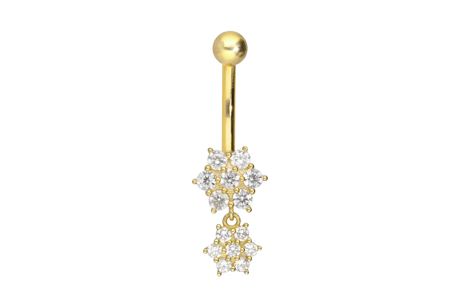 🦚 Bauchnabelpiercing 18karat Echtgold Gelbgold mit zwei Kristallblumen