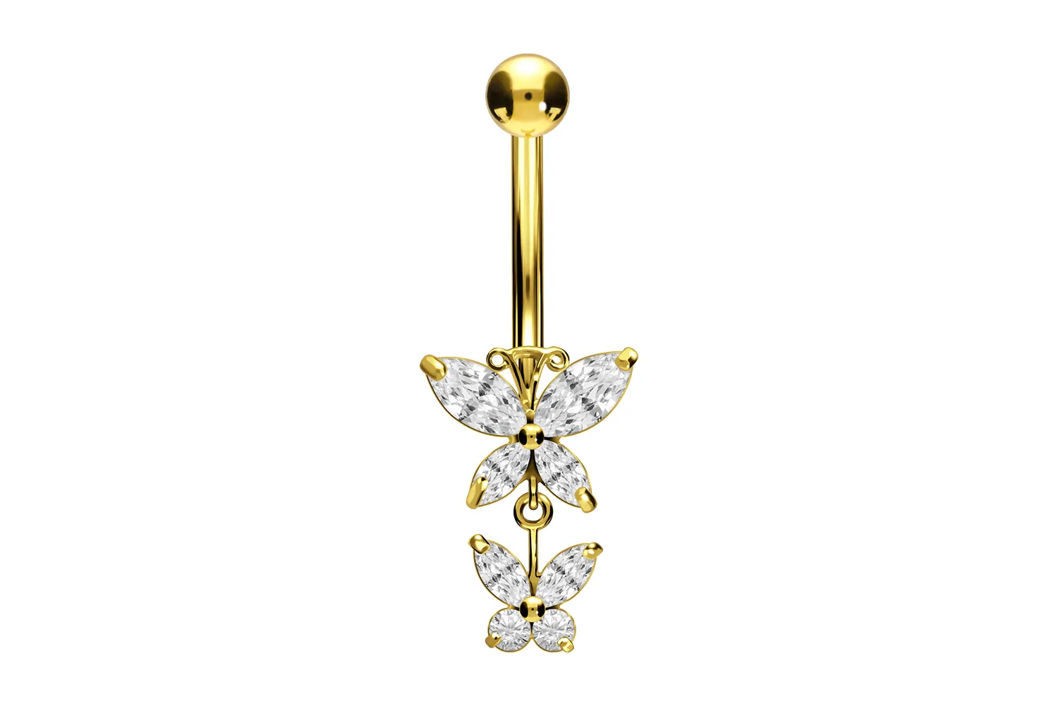 🦚 Bauchnabelpiercing 18karat Echtgold Gelbgold mit zwei Schmetterlingen