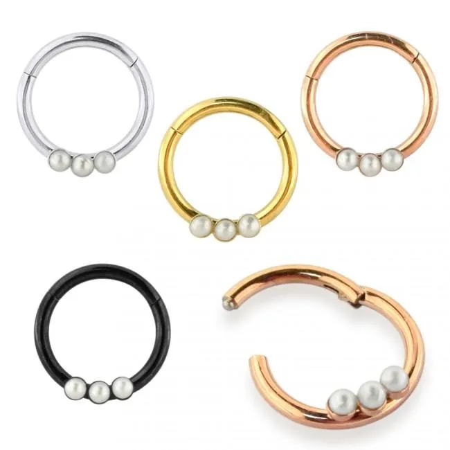 🦚 Segmentring Clicker Klickverschluss drei Perlen silber schwarz goldfarbig roségoldfarbig