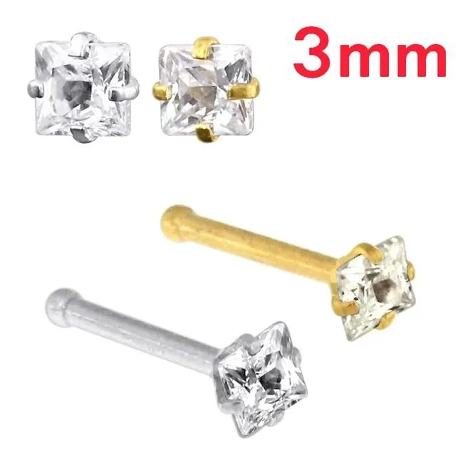 🦚 Nasenpiercing Nasenstecker Pin silber oder goldfarbig mit eckigem Kristall  0.8mm Stärke