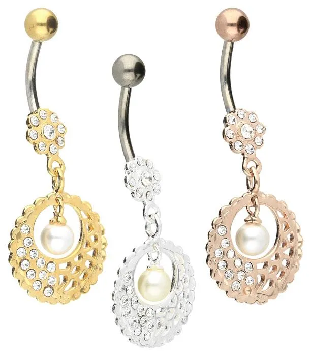 🦚 Bauchnabelpiercing Titan 925er Silber-Motiv Mandala + Perle silberfarbig goldfarbig roségoldfarbig